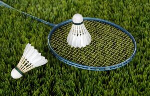 Badminton racket with shuttlecocks on grass