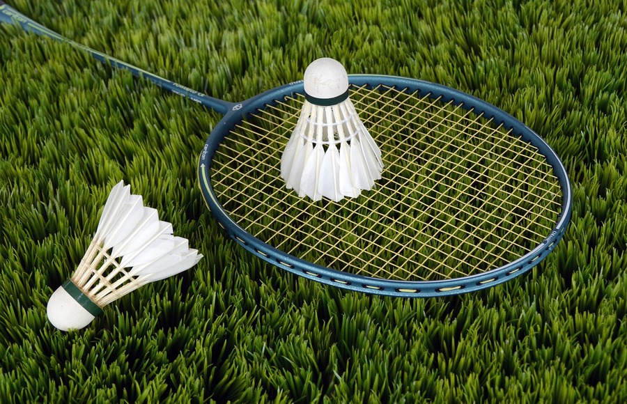 Badminton racket with shuttlecocks on grass