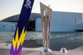 T20 World Cup trophy displayed outdoors.
