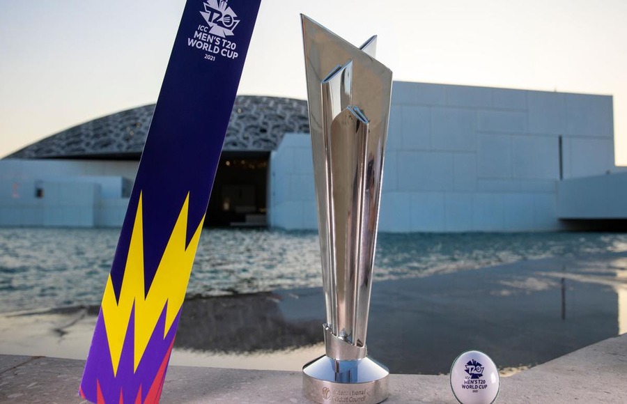 T20 World Cup trophy displayed outdoors.