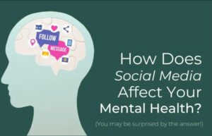 Illustration of a human head with social media icons showing mental health impact
