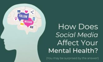 Illustration of a human head with social media icons showing mental health impact