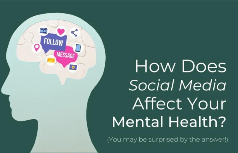Illustration of a human head with social media icons showing mental health impact