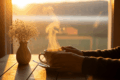 Hands holding a steaming cup of coffee by a sunlit window, with a small vase of dried flowers.