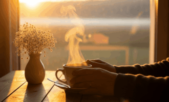 Hands holding a steaming cup of coffee by a sunlit window, with a small vase of dried flowers.