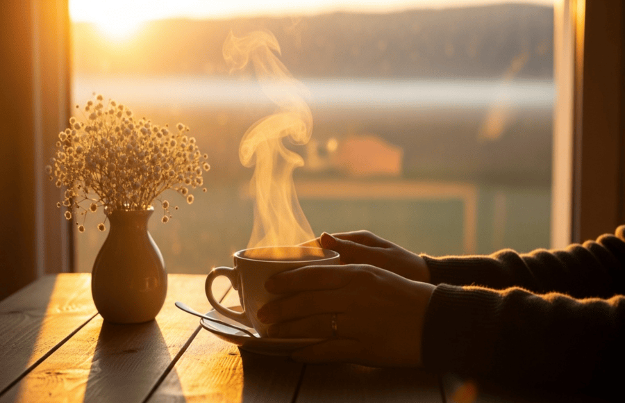Hands holding a steaming cup of coffee by a sunlit window, with a small vase of dried flowers.