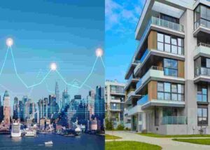 City skyline with data graph and modern residential building