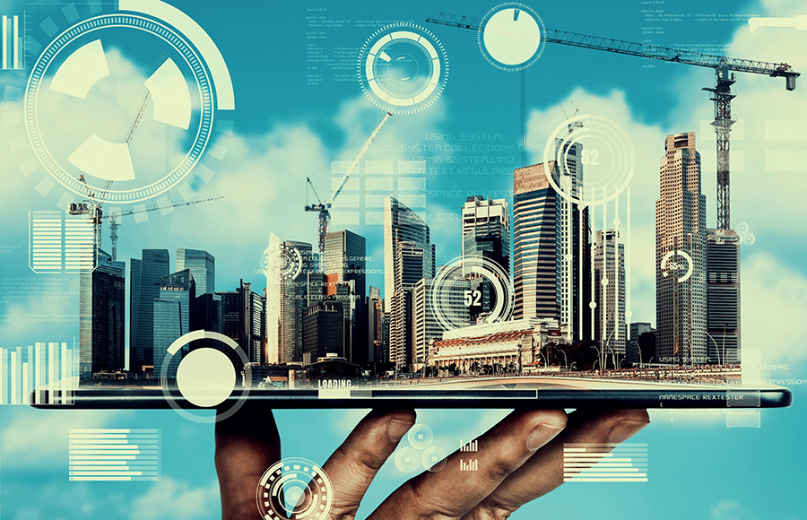 City skyline with construction and digital real estate concept