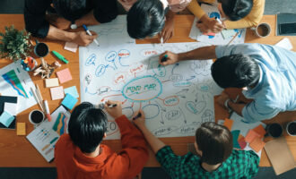 Startup team brainstorming ideas using a mind map