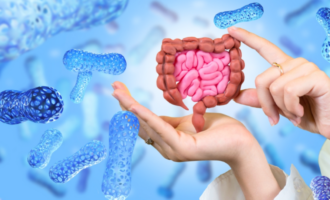 3D illustration of human gut microbiome and intestines representing gut health and immunity