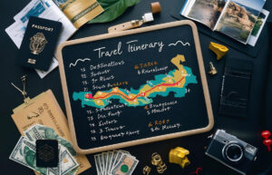 Travel itinerary planning board with map, passport, camera, and budget money for organized trip planning