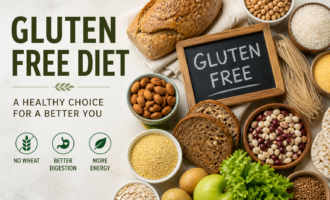 A vibrant collection of gluten-free millet grains in bowls, surrounded by fresh green apples, eggs, and a 'Gluten Free Diet' infographic.