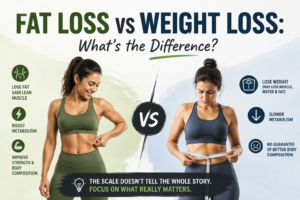 Infographic comparing fat loss vs weight loss featuring two women in fitness wear, explaining body composition, metabolism, muscle gain, and healthy weight management differences.