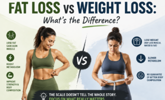 Infographic comparing fat loss vs weight loss featuring two women in fitness wear, explaining body composition, metabolism, muscle gain, and healthy weight management differences.