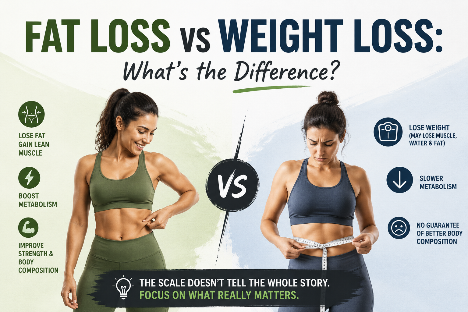 Infographic comparing fat loss vs weight loss featuring two women in fitness wear, explaining body composition, metabolism, muscle gain, and healthy weight management differences.