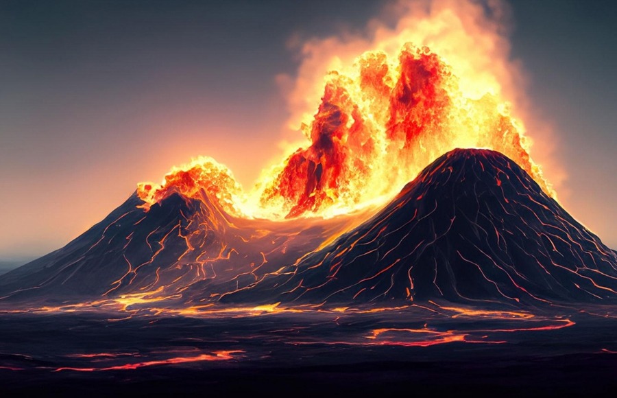 Volcano with Glowing Lava and Smoke