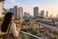 Woman overlooking a transit-oriented urban neighbourhood with residential buildings and a metro station, illustrating connected living and convenient public transport access.