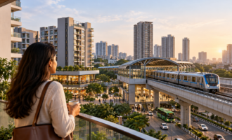 Woman overlooking a transit-oriented urban neighbourhood with residential buildings and a metro station, illustrating connected living and convenient public transport access.