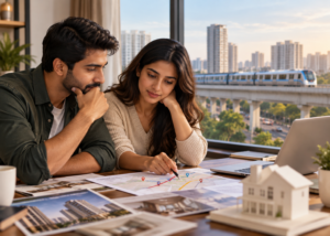 Couple reviewing a residential property floor plan with a metro line and high-rise buildings in the background, illustrating transit-oriented development and informed homebuying decisions.