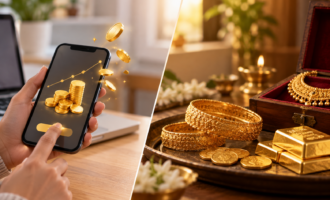 Digital gold on a smartphone compared with physical gold jewellery, coins and bars, illustrating the differences between digital and physical gold investments.