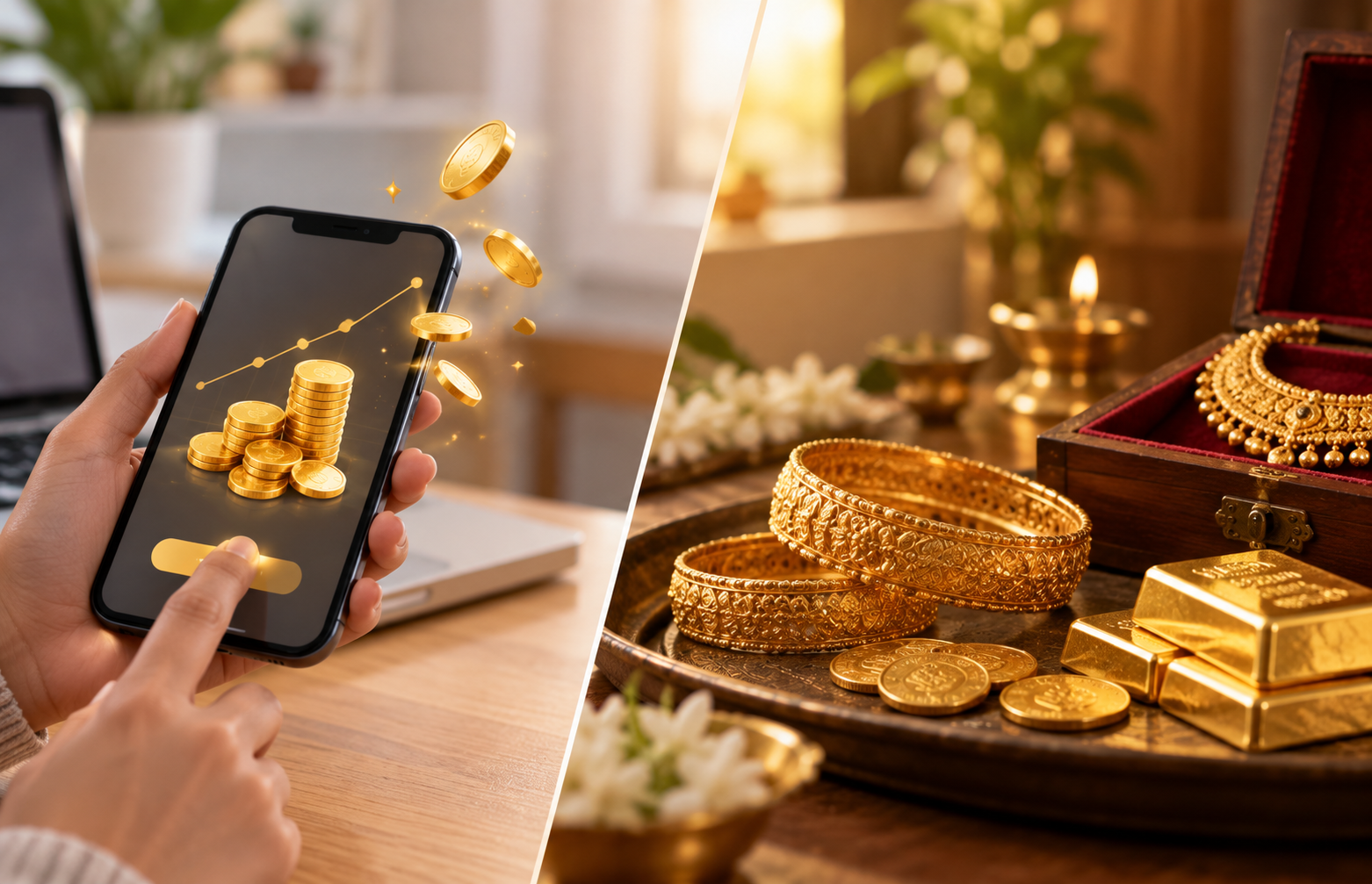 Digital gold on a smartphone compared with physical gold jewellery, coins and bars, illustrating the differences between digital and physical gold investments.