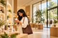 A woman examining a product in a modern physical retail store, illustrating personalized shopping and the growing appeal of in-store brand experiences.
