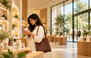 A woman examining a product in a modern physical retail store, illustrating personalized shopping and the growing appeal of in-store brand experiences.