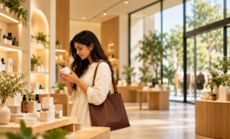A woman examining a product in a modern physical retail store, illustrating personalized shopping and the growing appeal of in-store brand experiences.