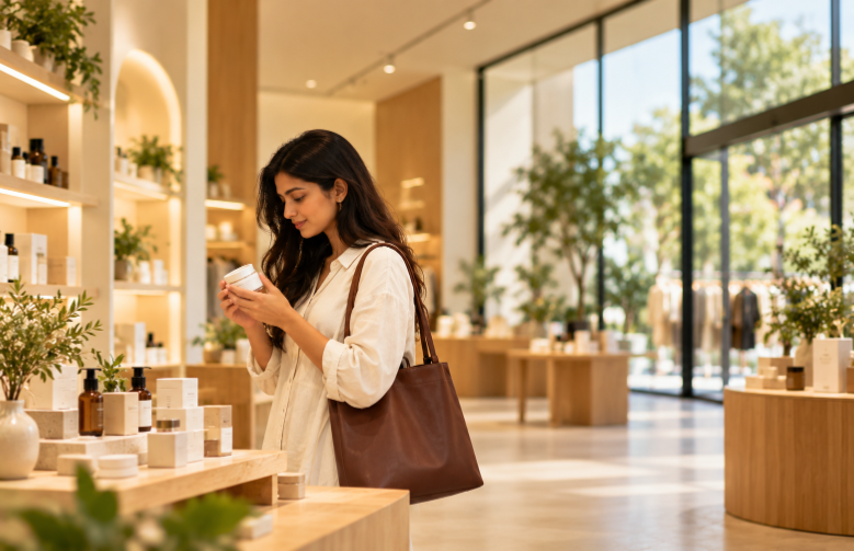 A woman examining a product in a modern physical retail store, illustrating personalized shopping and the growing appeal of in-store brand experiences.