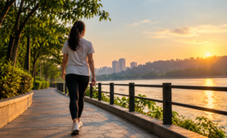 A woman walking along a lakeside pathway at sunset, illustrating the benefits of daily walking, outdoor exercise and a healthy lifestyle.