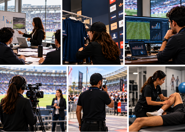 Diverse sports industry professionals working in sports management, media, analytics, event operations and athlete support.