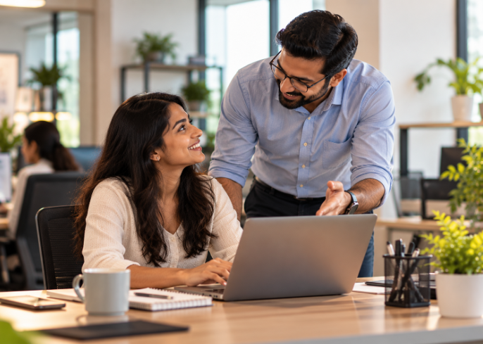 Colleagues collaborating in a modern office, illustrating employee wellbeing, teamwork and a supportive workplace culture.