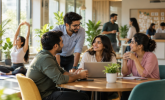 Employees discussing at work in a collaborative office environment, highlighting workplace wellbeing and employee engagement.