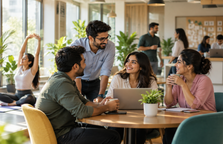 Employees discussing at work in a collaborative office environment, highlighting workplace wellbeing and employee engagement.