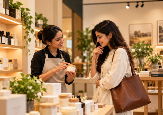 A store employee explaining a product to a customer in a modern retail store, highlighting personalized service and the importance of human interaction in physical shopping experiences.