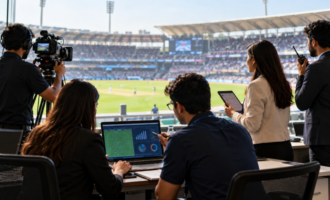 Sports professionals analysing match data and recording live coverage at a packed stadium, highlighting career opportunities in sports analytics and broadcasting.
