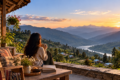 A traveller relaxing at a mountain homestay overlooking a scenic Himalayan valley, illustrating slow travel and immersive local experiences in India.