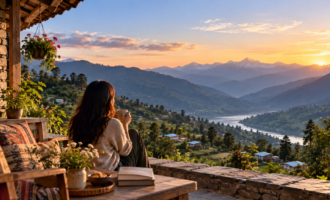 A traveller relaxing at a mountain homestay overlooking a scenic Himalayan valley, illustrating slow travel and immersive local experiences in India.